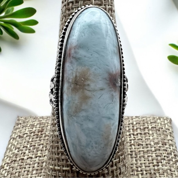 New Larimar Stone Vintage Style Silver Overlay Ring Size 8.25 - 8.5 - Picture 1 of 8